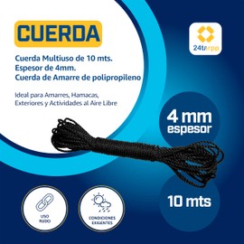 24tarpp SOGA 4MM Cuerda Uso RUDO Cordon Lazo para Instalar Malla Sombra SOGA para INSTALACION DE Lonas Y TOLDOS Cuerda para Amarre Multiusos Negra 4MM 10Mts