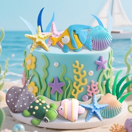 11 decoraciones de pastel bajo el mar, decoración de pastel de océano debajo del mar, suministros de fiesta de peces diablo, tortuga marina, estrella de mar, concha, decoración de pastel de peces
