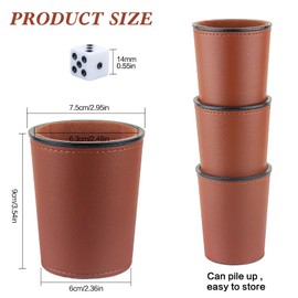 RERIVER Felt-Lined PU Leather Dice Cup Set, 6 Quiet Dice Shaker Cups with 36 Dices for Bar Party Yahtzee Farkle Dice Games, Dark Brown