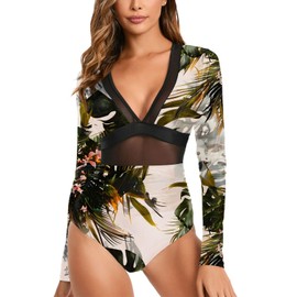 NESY Women's Long Sleeve Rash Guard Swimsuits One Piece Bathing Suit UV Protection Surfing Suit Zipper Printed Swimwear, 16-leaves, Large