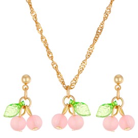 QLUYCKW Gold Plated Sweet Red Cherry Fruit Drop Dangle Earrings Pendant Necklace Set Unique Chic Charm Sparkly Green Leaf Fruit Cherry Statement Earrings Necklace Sets for Women Jewelry Gifts (Pink)