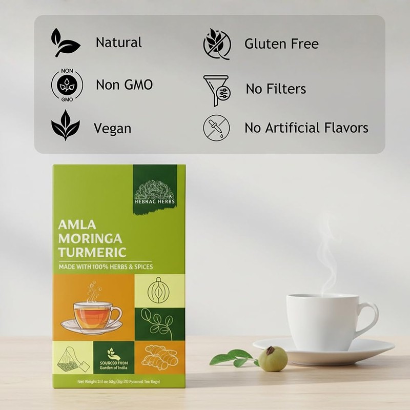 Amla Moringa Turmeric Tea Bags | Herbal Caffeine-Free Blend |