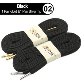 YJRVFINE 2 Pair Solid Color Thick Flat Shoelaces for Sneakers with Metal Tips, 02 Black:1 Pair Gold&1 Pair Silver Tip, 39 inches(100CM)