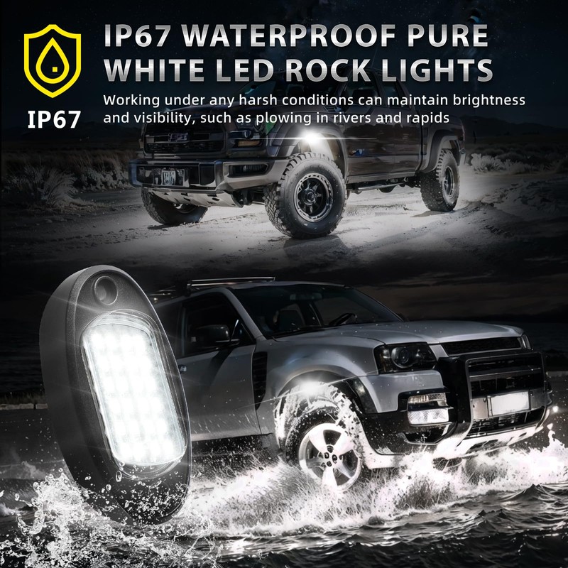 8 Pods White LED Rock Lights for with Switch Extension