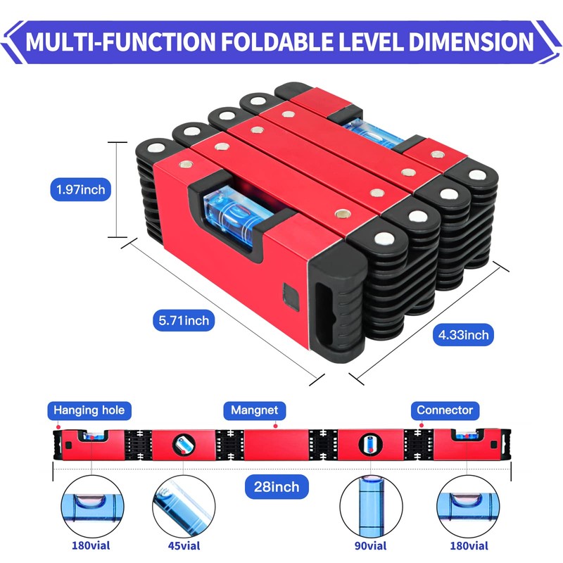 Multi-Function Foldable Level, 28 Inch Foldable Level Measuring Tool with