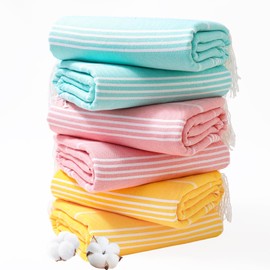 Genovega 6 Oversized Cotton Turkish Beach Bath Towel Set Bulk 74"x38" Extra Large Sand Free Quick Dry Swimming Camping Pool Clearance Towels Blanket Essentials Adult Multi Light Orange Stripes