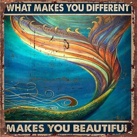 Metal Poster Plaque Retro Mermaid Metal Tin Signs What Makes You Different Makes You Beautiful Posters Vintage Plaque Room Club Home Decor Wall Decor 12x12 Inch