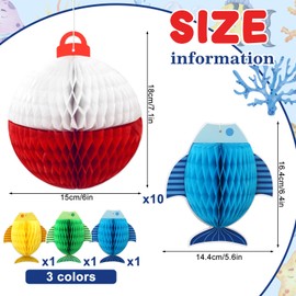 JarThenaAMCS Gone Fishing Honeycomb Ball Decorations Set 10 Fishing Bobber Round Honeycomb 3 Fish Shaped Hanging Ceiling Honeycomb Paper Table Centerpiece for Fishing Theme Birthday Party Decor, 13Pcs