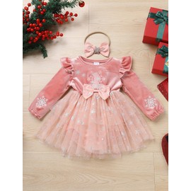 FYMNSI Baby Girl 1st Birthday Outfit Toddler Winter Velvet Dress Snowflake Christmas Party Dresses Party Dress With Headband, pink