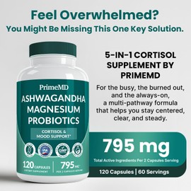 5-in-1 Cortisol Supplement for Women and Men with Ashwagandha for Calmness, Focus, and Inner Zen Herbal Supplements with Shilajit Extract, Magnesium Glycinate, Probiotics (120 ct, Pack of 1)