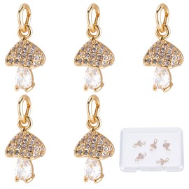 Beebeecraft 8pcs/Box Cubic Zirconia Mushroom Charms 18K Gold-Plated Brass Mushroom Pendant with Jump Ring for Jewellery Making Necklace Bracelet DIY Crafts