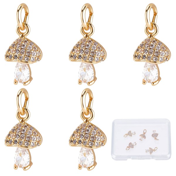 Beebeecraft 8pcs/Box Cubic Zirconia Mushroom Charms 18K Gold-Plated Brass Mushroom