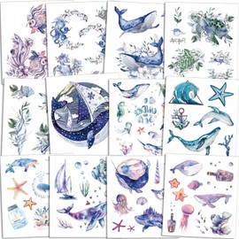 Qpout Pack of 120 Ocean Animals Temporary Tattoos for Children, Fake Sea Creatures, Tropical Ocean, Fish, Shark, Dolphin, Waterproof Tattoo Stickers, Girls, Boys, Birthday Party