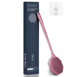 SILKLE Silicone Back Scrubber with Long Handle - Octagon Body Brush for Shower, Bath, and Exfoliating - Skin Cleansing, Back Scrub and Gentle Silicone Sponge - Wash Your Body with Easy Reach - Pink