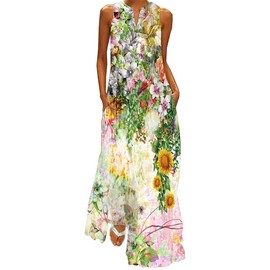 WINKEEY Women's Maxi Dress, Butterfly Floral Print, V-Neck, Bohemian Plus Size Summer Long Dress with Pockets, Paintings
