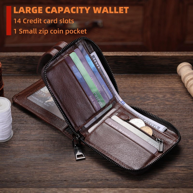 BULLCAPTAIN Genuine Leather Men's Wallet with Zipper Vintage RFID Blocking