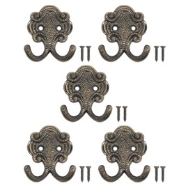 Fuxxer® Classic Coat Hooks, Double Hooks, Hat Hooks, Antique Design, Set of 5, Bronze (Small)