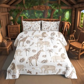 Feelyou Jungle Animals Comforter Queen Size Elephant Lion Giraffe Animal Bedding Sets African Safari Animal Duvet Set for Kids Boys Girls Hunter Brown Rust Wildlife Down Quilt