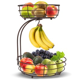 Huahong 2-Tier Fruit Basket with Banana Holder, Fruit Bowl, Vegetable Basket, Metal Standing Daily Kitchen Storage, Fruit Basket, Fruit Stand, Bronze