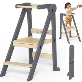 Foldable Toddler Kitchen Stool Helper, Toddler Standing Tower with 3 Adjustable Heights, Collapsible Wooden Step Stool for Kitchen & Bathroom, Montessori Learning Helper Tower for Toddlers Aged 1-6