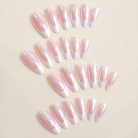 Mkwntg French Tips Press on Nails Short Almond Fake Nails Glossy False Nails with Mirror Designs Aurora Chrome Pearl Powder Full Cover Acrylic Nails for Women Girls Manicure Nail Decoration 24Pcs