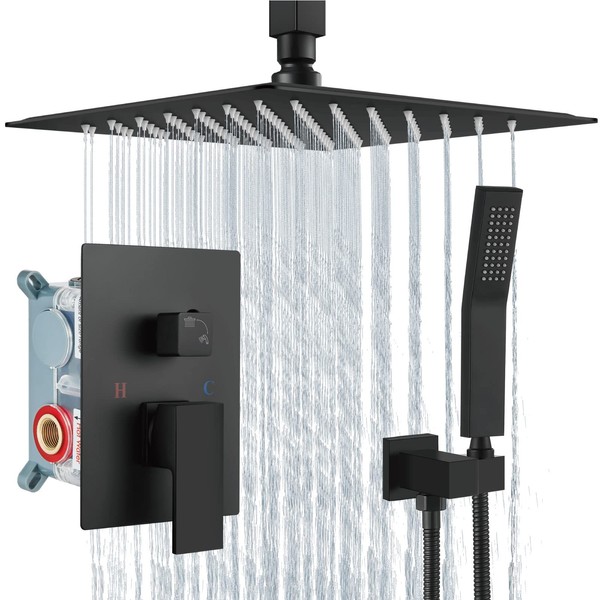 Aolemi Shower System Matte Black 10 Inch Rain Shower Head Ceiling Mount with Handheld Spray Luxury High Pressure Shower Combo Set Rough-in Valve and Shower Trim Included Bathroom