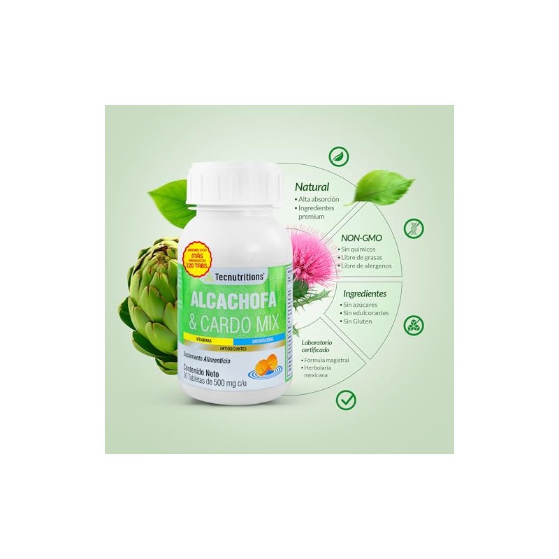 ALCACHOFA Y CARDO MIX (120 Tabletas de 500 mg/cu). Suplemento