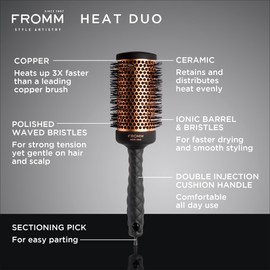 Fromm Heat Duo Copper x Ceramic 2" Round Brush for Expert Blowouts and Faster Hair Drying, Roller Hairbrush for Anti-static Styling, Smoothing, Straightening and Shine
