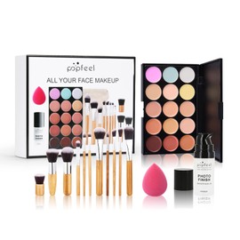 FantasyDay Contour Palette, 15 Colors Cosmetics Cream Contour Makeup Kit,Contouring Foundation Concealer Palette Conceals Dark Circles, Blemish with 11pcs Makeup Brush,Face Primer,Puff Oval