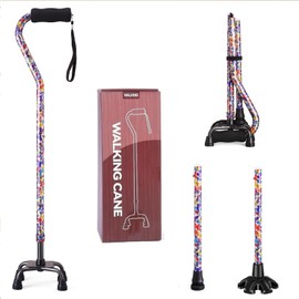 YOKABOZE Walking Cane for Women & Men, Folding Offset Quad Cane with 4 Pronged Base for Extra Stability and Balance, Adjustable Aluminum Walking Stick for Seniors (Butterfly Flower)