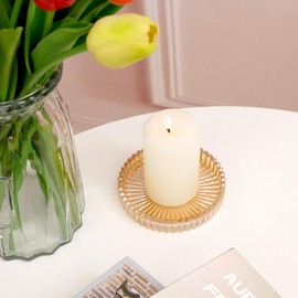 12 Pack 3.9 Inch Glass Pillar Candle Holder Plates, Round Gold Glass Plate Serrated Candle Stand, Candle Tray Plates for Wedding, Party, Dinning, Table Centerpiece and Home Decor