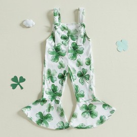 Edhomenn Baby Girl Irish Holiday Rompers Sleeveless Clover Print Jumpsuit Suspender Flare Pants Toddler Girls Ireland Outfits (01 Green, 3-4 Years)