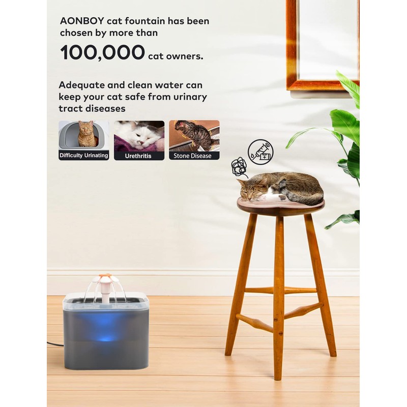 AONBOY Cat Water Fountain with 6 Filters（grey）