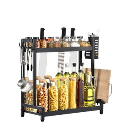 Countertop Spice Rack Organizer 2-Tier Seasoning Organizer with Metal Guardrail Design Suitable for Kitchen/Stovetop/Kitchen Island/Corner, Spice Rack Includes Basket, Hooks, and Pot Lid Holder