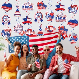 40Pcs 4th of July Decorations Hanging Swirls, Double Sided Independence Day Ceiling Hanging Decor Patriotic Streamers Foil Swirl for 4th of July Independence Day Patriotic Party Decorations