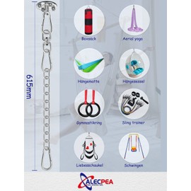 ALECPEA Ceiling Hook - Stainless Steel Hanging Chair Suspension up to 400 kg - 360° Rotating Ceiling Mount - Complete Set Including 30 cm Extension Chain, 3 Carabiners for Hanging Chairs