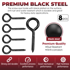 8PCS Screw Eyes, 3.2 Inch Black Eye Hooks Screw Self Tapping Eye, Heavy Duty Eye Bolt for Wood Securing Cables Wire, Hammock Stand, Indoor & Outdoor Use