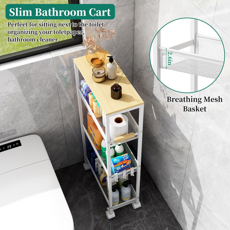 4-Tier Slim Utility Rolling Laundry Cart with Wheels, Easy to