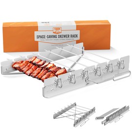 Yukon Glory Kabob Skewer Rack, Stainless Steel Rotating Shish Kebab Skewers Set, Collapsible Kabob Holder for Grill, Dishwasher Safe, 6 Metal Skewers