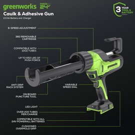 Greenworks 24V Cordless Caulk Gun 6-Speed Anti-Dripping with 2Ah Battery and Changer