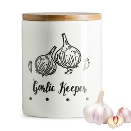 LYEOBOH Garlic Keeper, Garlic Storage, Garlic Holder, Large Ceramic Garlic Keeper with Wooden Lid, Garlic Jar, Garlic Storage Container, White
