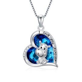 MISTBEE Mothers Day Gifts for Mom Women Hippo Crystal Necklace Sterling Silver Heart Love Hippopotamus Necklace Sea Ocean Gifts for Women Lovers