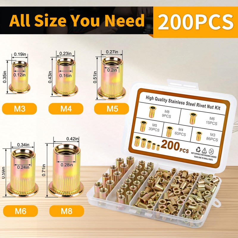 JYNB Metric Rivet Nut Assortment Kit, 200Pcs Carbon Steel SAE