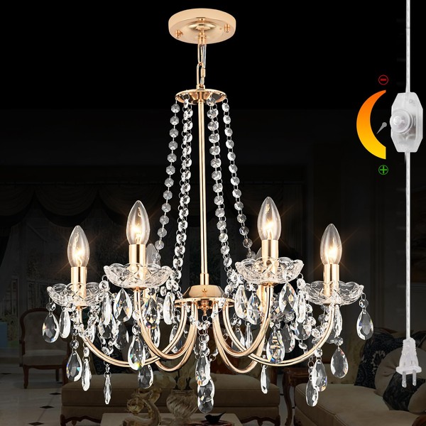 DIMMABLE Plug in Chandelier with 6 Light Crystal,19.68ft Long Plug