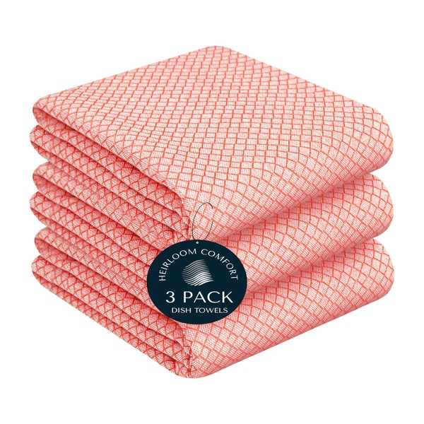 HEIRLOOM COMFORT Orange Honeycomb Kitchen Towels 3 Pack, 16x26 Inch,