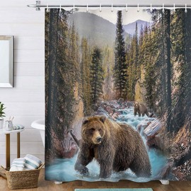 Forest Bear Shower Curtain, Misty Mountains Wildlife Farm Rustic National Park Jungle Rainforest Stream River Rock Natural Landscape Fabric Bathroom Decor Curtain with Hook