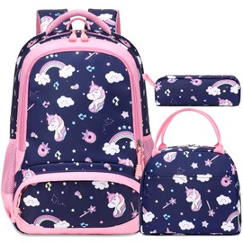 Girls Unicorn Backpack for School, 3 in 1 School Backpack with Lunch Bag Pencil Case for Girls, Large Capacity Girls Schoolbag with Reflective Straps for Kindergarten Elementary