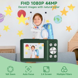 Digital Camera, 44MP Compact Camera, FHD 1080P Point and Shoot Digital Cameras with 16X Zoom, Face Detect, Smile Capture, Anti Shake, for Boys Girls Teens Gifts (Deep Green)
