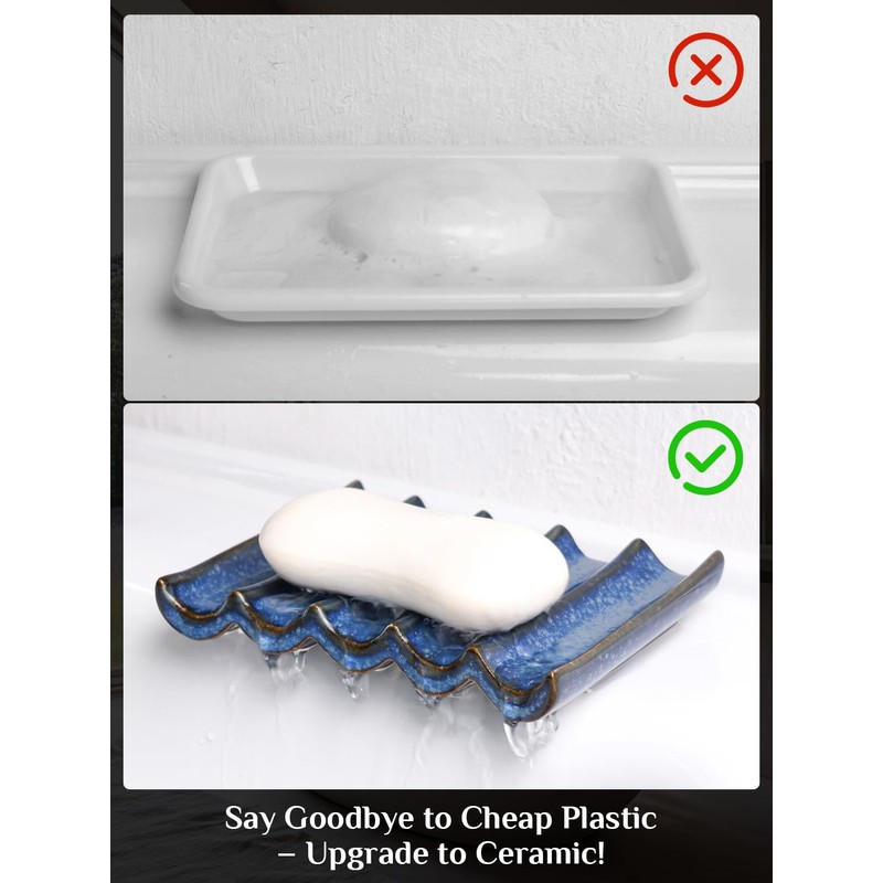 Draining Ceramic Soap Dish, Non-Slip Bar Soap Holder with Fluted