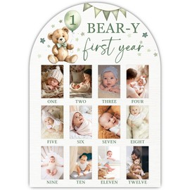 UIBOVA My First Year Photo Board, Bear-Y First Year Baby Milestone Signs for Boys Girls Nursery Decor, 12 Month Wooden Pictures Board for 2x3 Photos, Best Babies Keepsake Gifts-A03